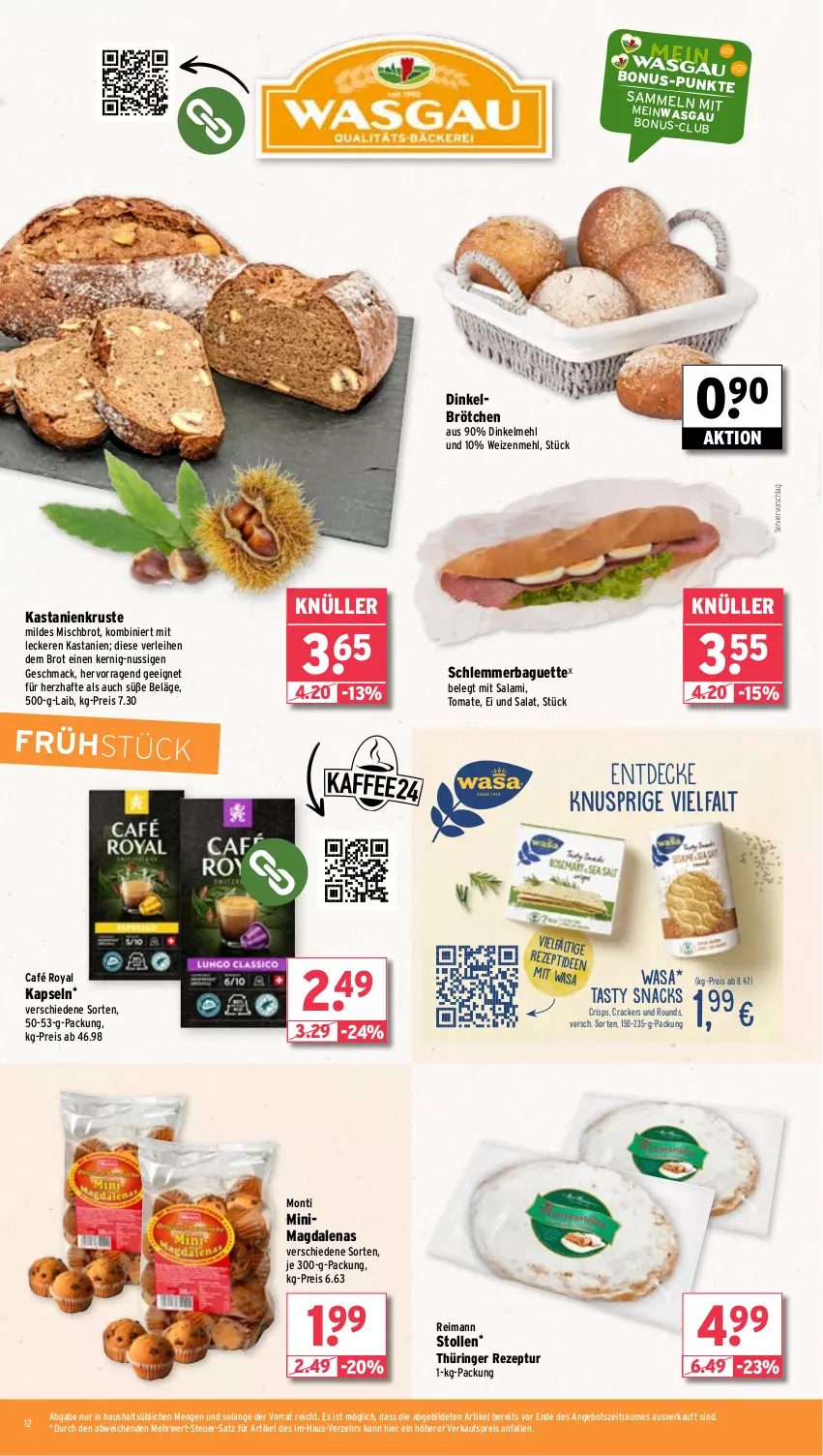 Aktueller Prospekt Wasgau - von 30.09 bis 05.10.2024 - strona 12 - produkty: angebot, baguette, brot, brötchen, café royal, cracker, decke, dinkelbrötchen, dinkelmehl, eis, mac, mehl, nuss, reis, rezept, ring, rwe, salami, salat, snack, snacks, Stollen, Ti, tomate, wasa, weizenmehl