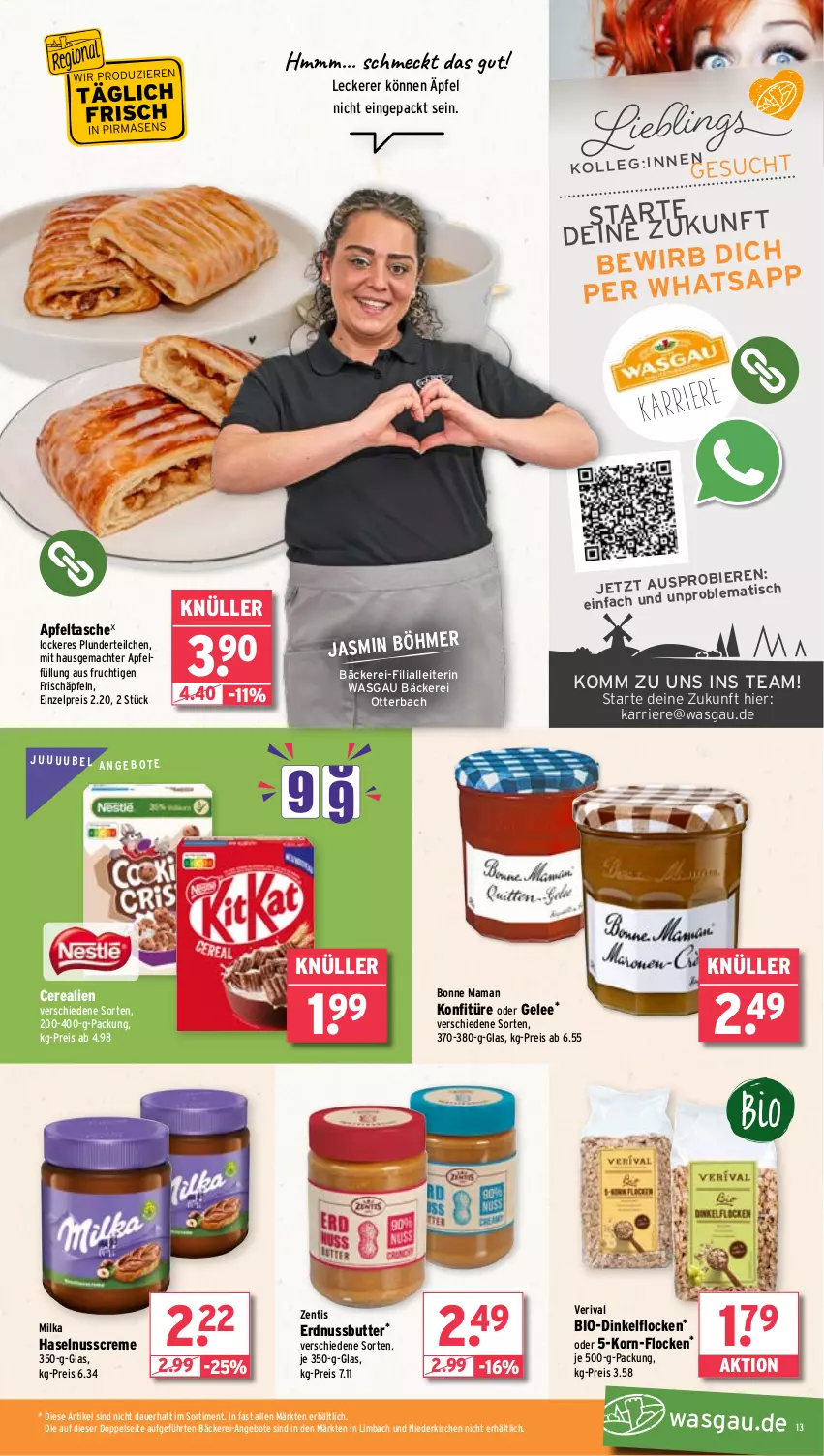 Aktueller Prospekt Wasgau - von 30.09 bis 05.10.2024 - strona 13 - produkty: angebot, angebote, apfel, Apfeltasche, auer, bier, Biere, bio, bonne maman, butter, cerealien, creme, eis, erdnuss, Erdnussbutter, frucht, gelee, haselnuss, Haselnusscreme, konfitüre, korn, mac, mam, milka, nuss, Plunder, reis, Tasche, Ti, tisch, zentis