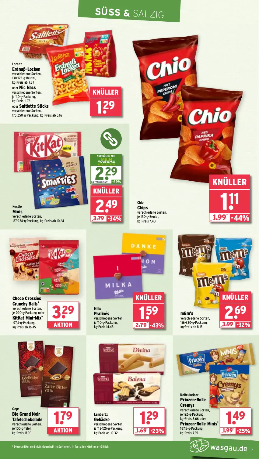 Aktueller Prospekt Wasgau - von 30.09 bis 05.10.2024 - strona 17 - produkty: Amber, auer, ball, beutel, bio, chio chips, chips, choco crossies, cremys, crossies, debeukelaer, eis, kitkat, lambertz, lorenz, milka, nestlé, reis, saltletts, salz, schoko, schokolade, tafelschokolade, Ti