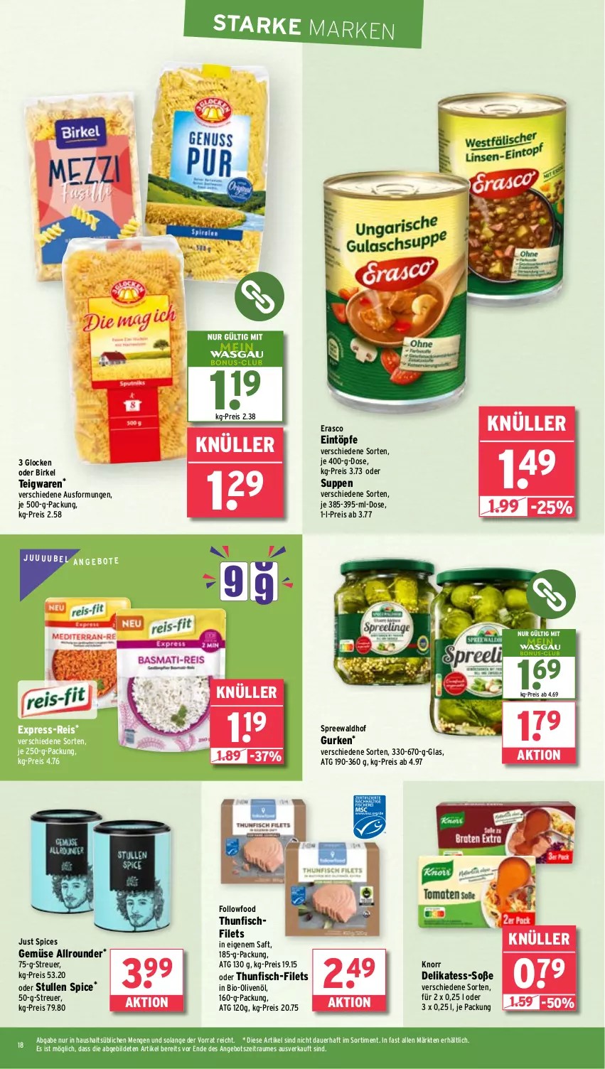 Aktueller Prospekt Wasgau - von 30.09 bis 05.10.2024 - strona 18 - produkty: angebot, angebote, auer, bio, Bio-Olivenöl, birkel, eintöpfe, eis, erasco, express-reis, filet, filets, fisch, gurke, gurken, je 250-g-packung, knorr, olive, oliven, olivenöl, reis, saft, Soße, spreewaldhof, suppe, suppen, teigwaren, thunfisch, Ti