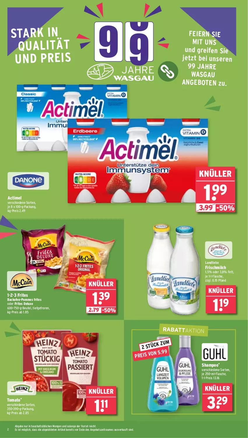 Aktueller Prospekt Wasgau - von 30.09 bis 05.10.2024 - strona 2 - produkty: actimel, angebot, angebote, backofen, beutel, eier, eis, flasche, landliebe, milch, Ofen, pommes, Pommes Frites, reifen, reis, shampoo, Ti