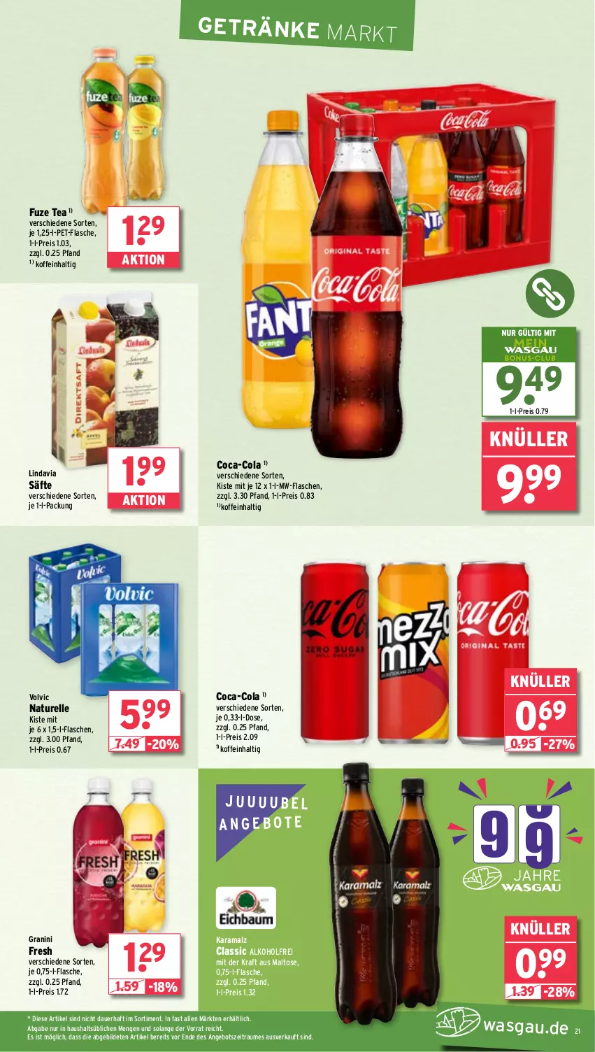 Aktueller Prospekt Wasgau - von 30.09 bis 05.10.2024 - strona 21 - produkty: alkohol, angebot, angebote, auer, coca-cola, cola, eis, elle, flasche, fuze tea, getränk, getränke, granini, karamalz, kraft, malz, mw-flasche, natur, pet-flasche, rama, reis, rel, säfte, Ti, volvic