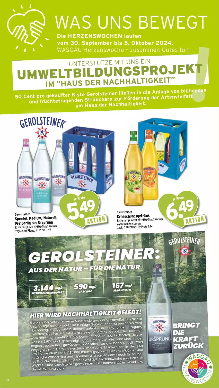 Aktueller Prospekt Wasgau - von 30.09 bis 05.10.2024 - strona 22 - produkty: bio, Bona, brunnen, Calcium, eis, elle, erfrischungsgetränk, flasche, früchte, gerolsteine, gerolsteiner, getränk, glasflasche, kraft, Laufen, mac, magnesium, natur, reis, rel, ring, Sprudel, steiner, Ti, wasser, wasserfilter