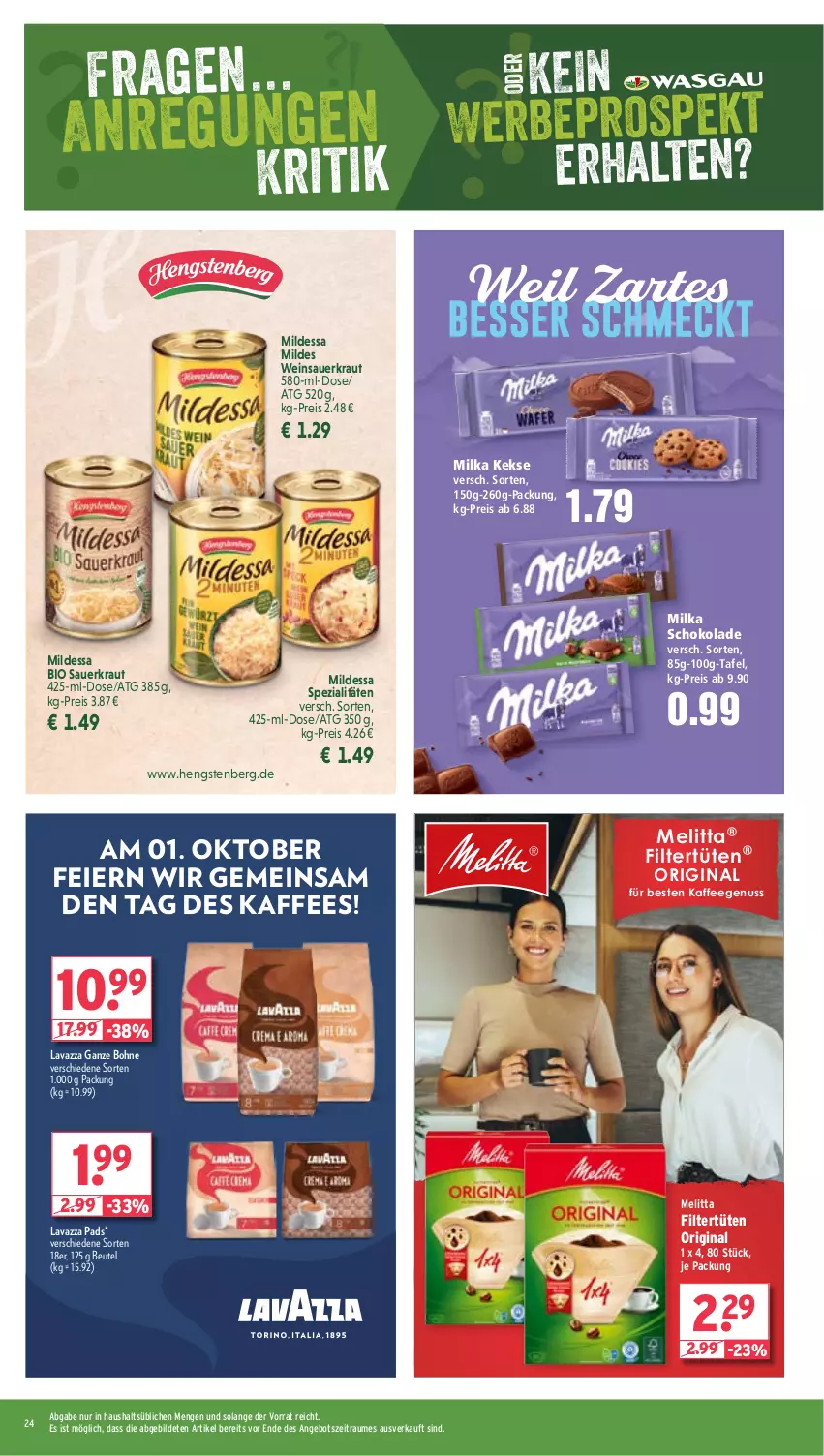 Aktueller Prospekt Wasgau - von 30.09 bis 05.10.2024 - strona 24 - produkty: angebot, auer, beutel, bio, bohne, eier, eis, gin, hengstenberg, kaffee, kaffeegenuss, keks, kekse, Kraut, lavazza, lavazza ganze bohne, melitta, milka, milka schokolade, nuss, reis, Sauerkraut, schoko, schokolade, Spezi, Ti, Tüte, wein, Weinsauerkraut