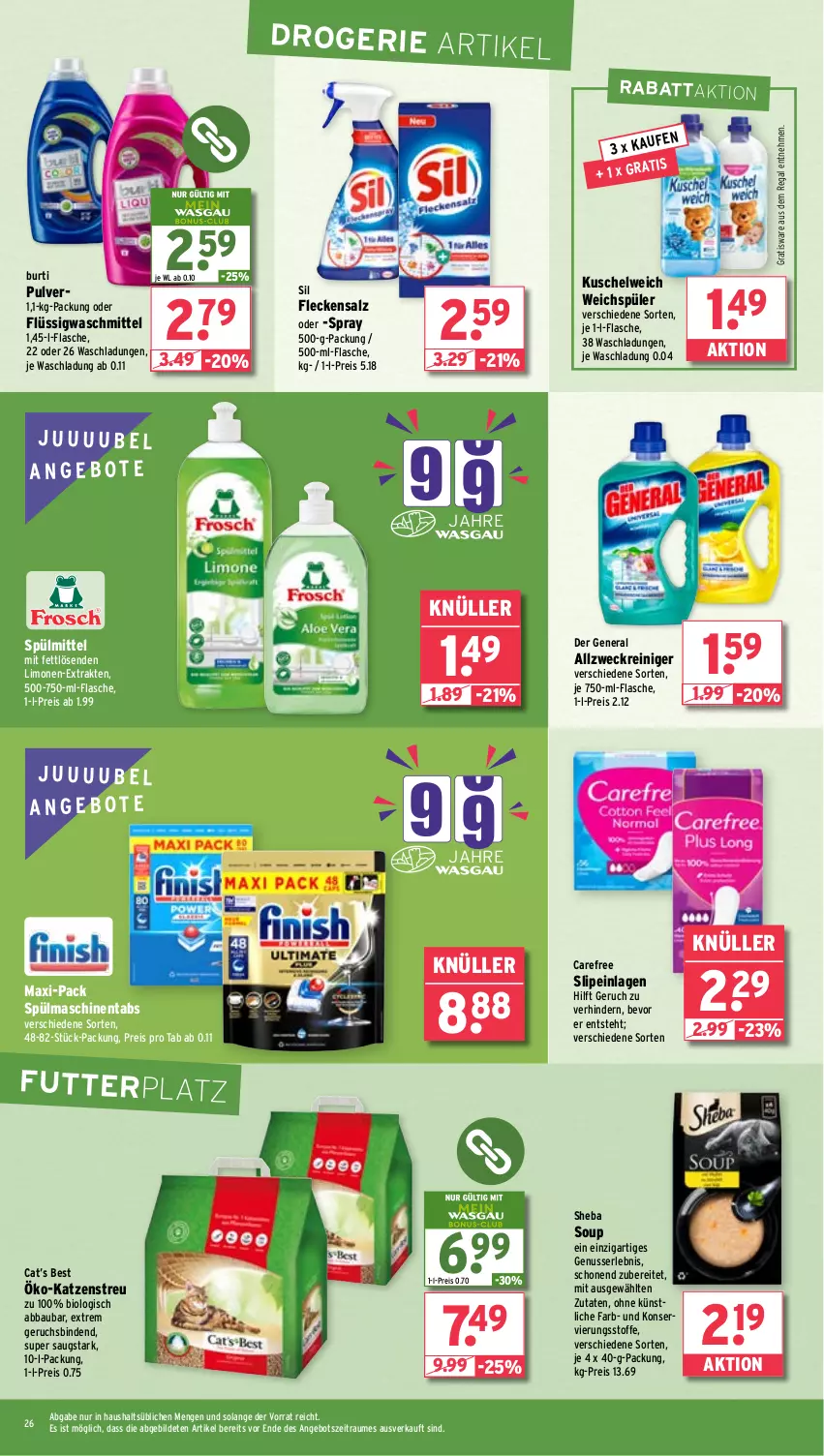 Aktueller Prospekt Wasgau - von 30.09 bis 05.10.2024 - strona 26 - produkty: Abba, allzweckreiniger, angebot, angebote, Bau, binden, bio, burti, carefree, eis, flasche, Katzenstreu, Kuschelweich, limo, limonen, nuss, regal, reiniger, reis, salz, sheba, slip, slipeinlagen, spülmaschinen, spülmaschinentabs, spülmittel, Ti, waschmittel, weck, weichspüler