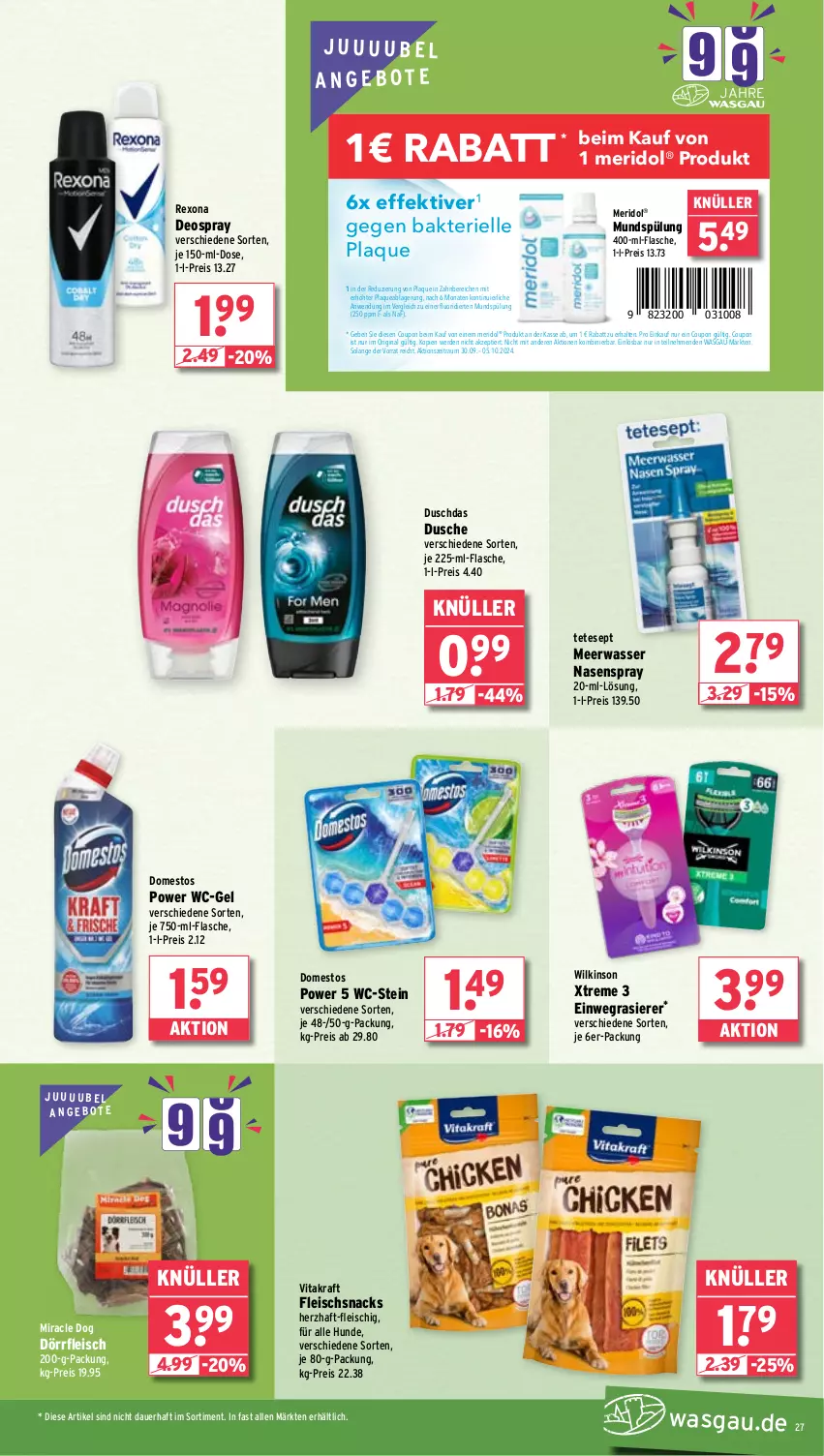 Aktueller Prospekt Wasgau - von 30.09 bis 05.10.2024 - strona 27 - produkty: angebot, angebote, auer, coupon, deo, deospray, domestos, duschdas, dusche, einwegrasierer, eis, elle, erde, flasche, fleisch, gin, kraft, Meerwasser, meridol, mundspülung, Nasenspray, rasierer, reis, rexona, snack, snacks, spülung, Ti, vita, vitakraft, wasser, wc-gel, wilkinson