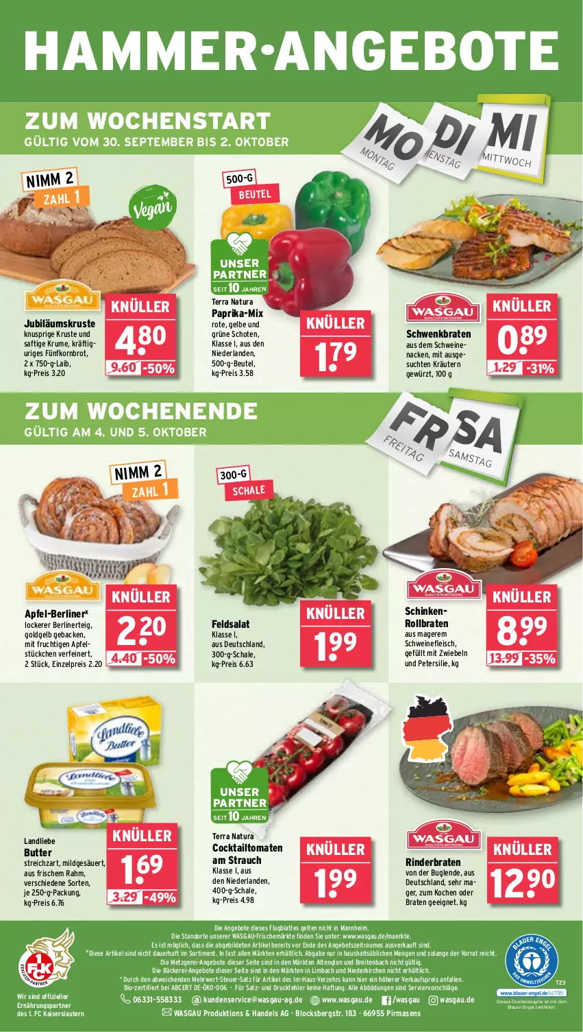 Aktueller Prospekt Wasgau - von 30.09 bis 05.10.2024 - strona 28 - produkty: angebot, angebote, apfel, auer, berliner, beutel, bio, braten, Brei, brot, butter, cocktail, drucker, eis, elle, Engel, feldsalat, fleisch, frucht, geback, gewürz, je 250-g-packung, Jubiläums, Kaiser, kerze, korn, Kornbrot, kräuter, kräutern, landliebe, latte, mit frucht, mit zwiebeln, natur, natura, Nimm 2, paprika, petersilie, Rauch, reis, rind, rinder, rinderbraten, rollbraten, rum, rwe, saft, salat, Schal, Schale, schinken, schwein, schweine, schweinefleisch, schweinenacken, Streichzart, Ti, tomate, tomaten, wein, weine, zwiebel, zwiebeln