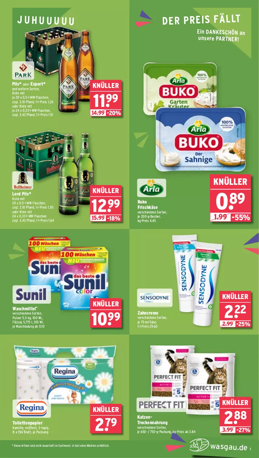 Aktueller Prospekt Wasgau - von 30.09 bis 05.10.2024 - strona 3 - produkty: auer, Becher, Buko, creme, eis, flasche, frischkäse, Kamill, kamille, Käse, mw-flasche, papier, pils, reis, Ti, toilettenpapier, Trockennahrung, uhu, waschmittel, zahncreme