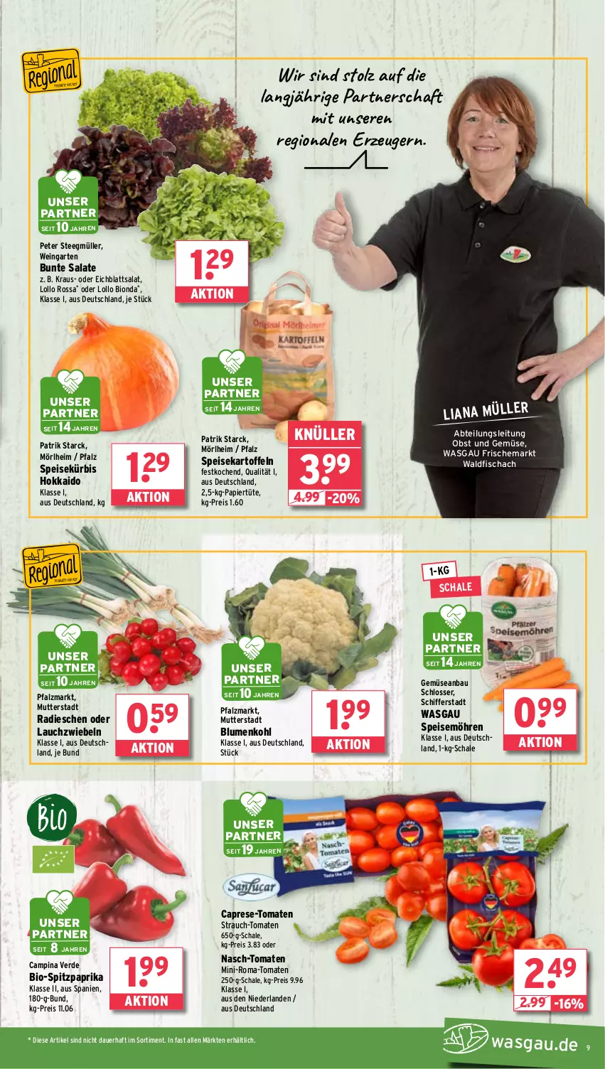 Aktueller Prospekt Wasgau - von 30.09 bis 05.10.2024 - strona 9 - produkty: Abtei, auer, Bau, bio, blume, blumen, blumenkohl, bunte salate, Cap, Eichblattsalat, eis, erde, fisch, Garten, kartoffel, kartoffeln, Kürbis, Lauchzwiebel, lauchzwiebeln, möhren, Müller, obst, Obst und Gemüse, papier, Papiertüte, paprika, radieschen, Rauch, reis, salat, salate, Schal, Schale, speisekartoffeln, speisemöhren, Spitzpaprika, tee, Ti, tomate, tomaten, Tüte, und gemüse, wein, zwiebel, zwiebeln