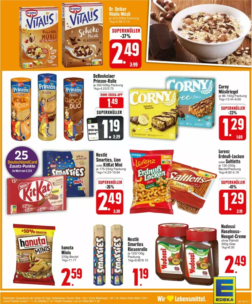 Aktueller Prospekt Edeka - Prospekte - von 19.02 bis 24.02.2024 - strona 11 - produkty: beutel, corny, creme, debeukelaer, deka, deutschlandcard, hanuta, haselnuss, kitkat, lion, müsli, Müsliriegel, Nudossi, nuss, riegel, saltletts, smarties, Ti