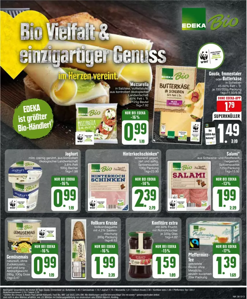 Aktueller Prospekt Edeka - Prospekte - von 19.02 bis 24.02.2024 - strona 13 - produkty: beutel, bio, butter, butterkäse, eis, emmentaler, fleisch, gemüsemais, gouda, hinterkochschinken, joghur, joghurt, Käse, kochschinken, konfitüre, konfitüre extra, mais, mozzarella, reis, rel, rind, rindfleisch, salami, schinken, tee, trolli, ZTE