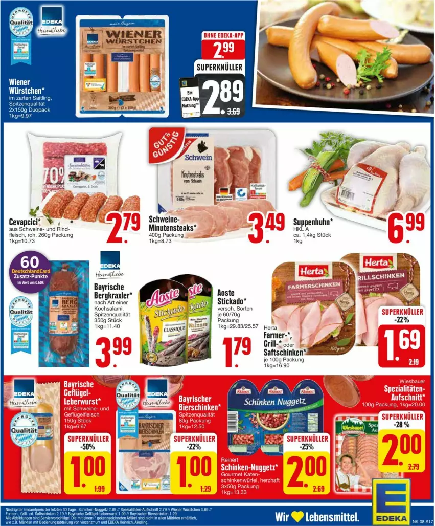 Aktueller Prospekt Edeka - Prospekte - von 19.02 bis 24.02.2024 - strona 17 - produkty: aoste stickado, deka, deutschlandcard, eis, fleisch, grill, herta, minutensteaks, rind, saft, saftschinken, salami, schinken, schwein, schweine, spitzenqualität, steak, steaks, stickado, suppe, suppen, Suppenhuhn, Ti, wein, weine