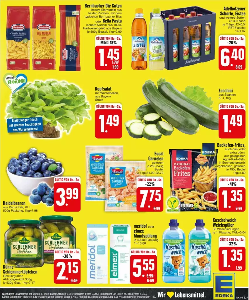 Aktueller Prospekt Edeka - Prospekte - von 19.02 bis 24.02.2024 - strona 27 - produkty: adelholzener, backofen, bernbacher, eis, eistee, escal, garnelen, gin, Holz, Kühne, Kuschelweich, lebensmittel, meridol, mundspülung, Ofen, pasta, reis, schorle, spülung, tee, Ti, Töpfchen, weichspüler, ZTE