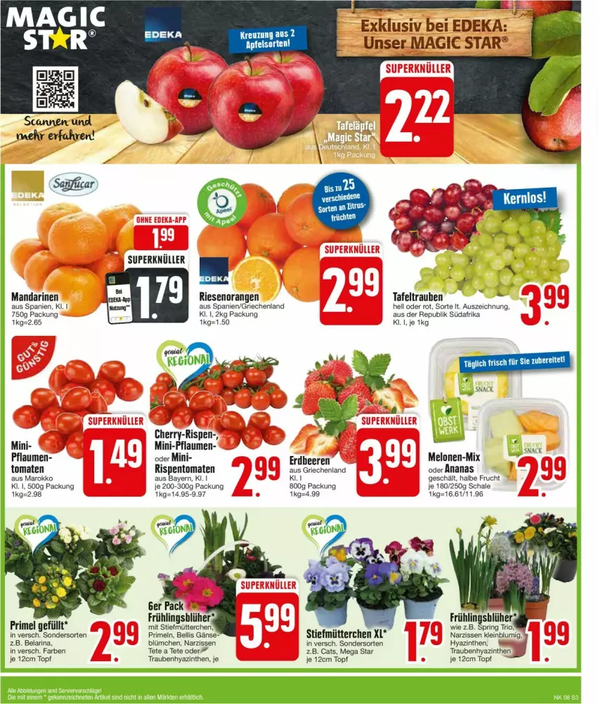 Aktueller Prospekt Edeka - Prospekte - von 19.02 bis 24.02.2024 - strona 3 - produkty: ananas, apfel, beere, beeren, deka, erdbeere, erdbeeren, frucht, mandarine, mandarinen, melone, melonen, Narzissen, orange, orangen, pflaume, pflaumen, ring, rispentomaten, Schal, Schale, snack, tafeltrauben, Ti, tomate, tomaten, topf, trauben