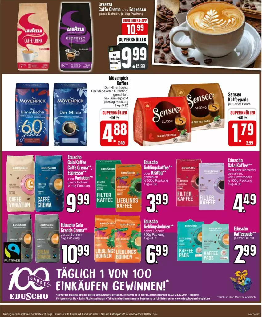 Aktueller Prospekt Edeka - Prospekte - von 19.02 bis 24.02.2024 - strona 7 - produkty: beutel, bohne, bohnen, caffe, eduscho, ente, espresso, kaffee, kaffeepads, lavazza, mövenpick, mövenpick kaffee, senseo, Ti