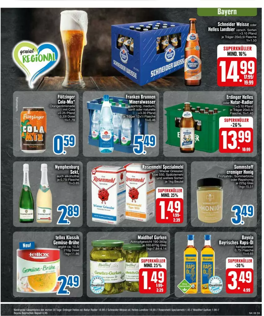 Aktueller Prospekt Edeka - Prospekte - von 19.02 bis 24.02.2024 - strona 9 - produkty: bier, cola, eis, elle, erdinger, flasche, gurke, gurken, limo, limonade, mehl, natur, orange, orangen, rapsöl, reis, rel, rosen, Rosenmehl, Spezi, tee, Ti, wiener, Yo, ZTE