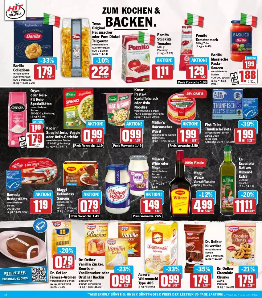 Aktueller Prospekt Hit - Wochenprospekt - von 03.02 bis 08.02.2025 - strona 10 - produkty: ball, barilla, beutel, bourbon, bourbonvanille, cola, coupon, delikatess sauce, Dr. Oetker, eis, filet, filets, finesse, fisch, flasche, gin, Hausmacher, hawesta, hering, Herings, heringsfilets, kartoffel, knorr, knorr pasta, kuchen, mac, maggi, maggi würze, mehl, miracel, miracel whip, Müller, natives olivenöl, olive, oliven, olivenöl, olivenöl extra, oryza, pasta, pomito, reis, reiss, Ria, ring, sauce, saucen, snack, Spezi, teigwaren, thunfisch, Ti, tomate, tomaten, tomatenmark, type 405, vanille, veggie, weizenmehl, wurst, Yo, ZTE, zucker