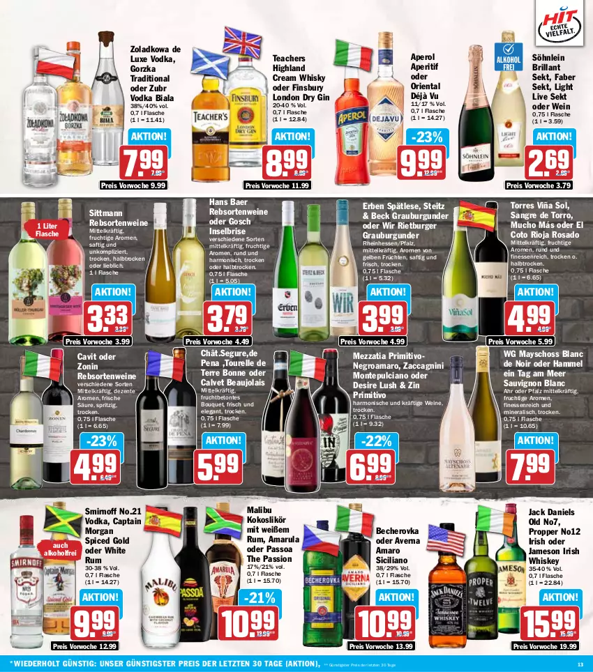 Aktueller Prospekt Hit - Wochenprospekt - von 03.02 bis 08.02.2025 - strona 13 - produkty: ACC, alkohol, amaro, amarula, aperitif, aperol, averna, Becher, Becherovka, brillant sekt, burger, burgunder, Cap, captain morgan, dry gin, eis, elle, ente, finesse, finsbury, flasche, frucht, früchte, früchten, gin, grauburgunder, hero, irish whiskey, jack daniel, jack daniels, jameson, kokos, likör, london dry, london dry gin, Malibu, monte, Montepulciano, passo, primitivo, rebsortenweine, reis, rel, rioja, rum, saft, sauvignon, sauvignon blanc, sekt, smirnoff, söhnlein, söhnlein brillant, Ti, vodka, wein, weine, whiskey, whisky, white rum, zonin, ZTE