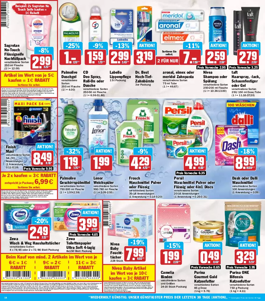 Aktueller Prospekt Hit - Wochenprospekt - von 03.02 bis 08.02.2025 - strona 14 - produkty: binden, Brei, bürste, camelia, coupon, coupons, dalli, deo, deo spray, Dr. Best, dusche, duschgel, eier, eis, elmex, erde, feuchttücher, Finish, flasche, flüssigseife, Frosch, geschirr, geschirrspülmittel, gin, gourmet gold, haarspray, haushaltstücher, katzenfutter, Labello, lack, lenor, Lippenpflege, meridol, nivea, Nivea Baby, olive, palmolive, papier, pasta, persil, persil waschmittel, purina, rabatt-coupon, reis, roll-on, sagrotan, schaumfestiger, Seife, shampoo, shampoo oder spülung, sofort-rabatt, spülmittel, spülung, Taft, Tempo, Ti, Tiere, toilettenpapier, tücher, waschmittel, weichspüler, zahnbürste, zahnpasta, zewa, ZTE