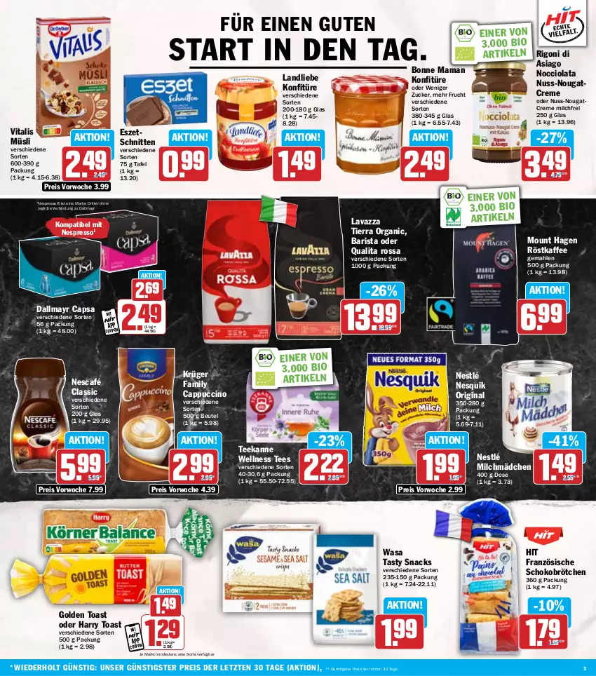 Aktueller Prospekt Hit - Wochenprospekt - von 03.02 bis 08.02.2025 - strona 3 - produkty: beutel, bio, bonne maman, brötchen, Cap, cappuccino, cin, coupon, creme, dallmayr, dallmayr capsa, eis, espresso, frucht, gin, golden toast, kaffee, konfitüre, krüger, landliebe, lavazza, mam, milch, müsli, Nescafé, nespresso, nesquik, nestlé, Nougatcreme, nuss, reis, ritter, röstkaffee, schnitten, schoko, Schokobrötchen, snack, snacks, tee, teekanne, Ti, toast, vita, vitalis, vitalis müsli, wasa, ZTE, zucker