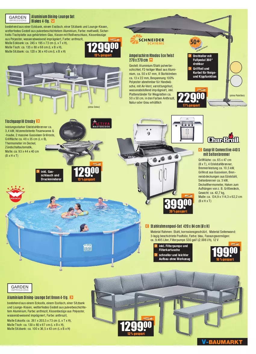 Aktueller Prospekt Vmarkt - V-Baumarkt - von 21.07 bis 27.07.2022 - strona 3 - produkty: ampelschirm, auto, Bank, Bau, besteck, decke, Deckel, Eckbank, edelstahl, eis, elle, ente, esstisch, gasgrill, grill, grillfläche, grillrost, HP, kissen, latte, LG, natur, oreo, Palette, pool, Ria, Schal, schlauch, sitzbank, Sofa, teller, thermometer, Ti, tisch, tischplatte, Wanne, wasser, werkzeug