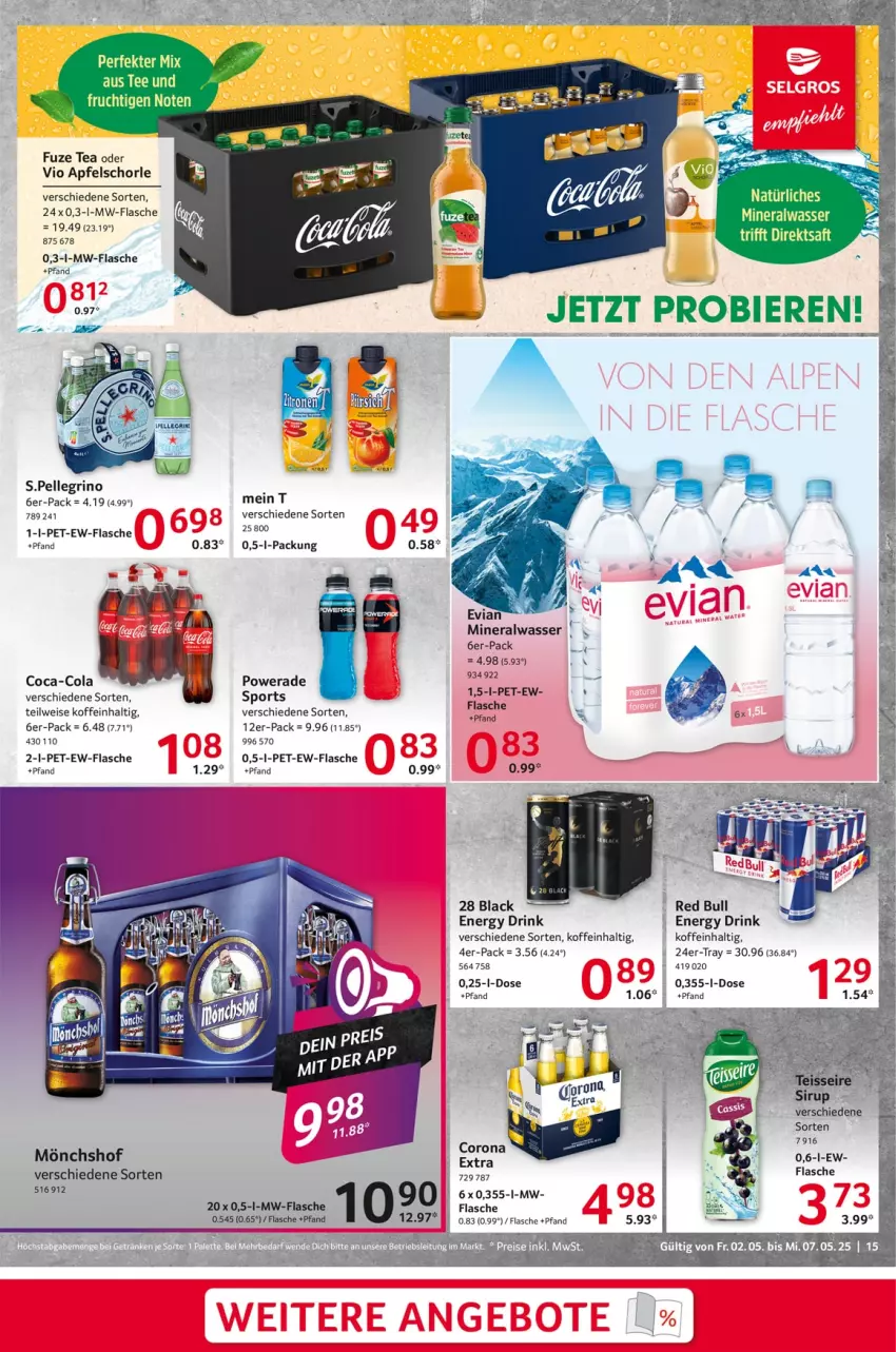 Aktueller Prospekt Selgros - Food - von 02.05 bis 07.05.2025 - strona 15 - produkty: Alwa, apfel, Apfelschorle, coca-cola, cola, corona, drink, eis, elle, energy drink, flasche, fuze tea, lack, mineralwasser, mönchshof, mw-flasche, natürliches mineralwasser, red bull, schorle, Sport, Ti, wasser, Wels