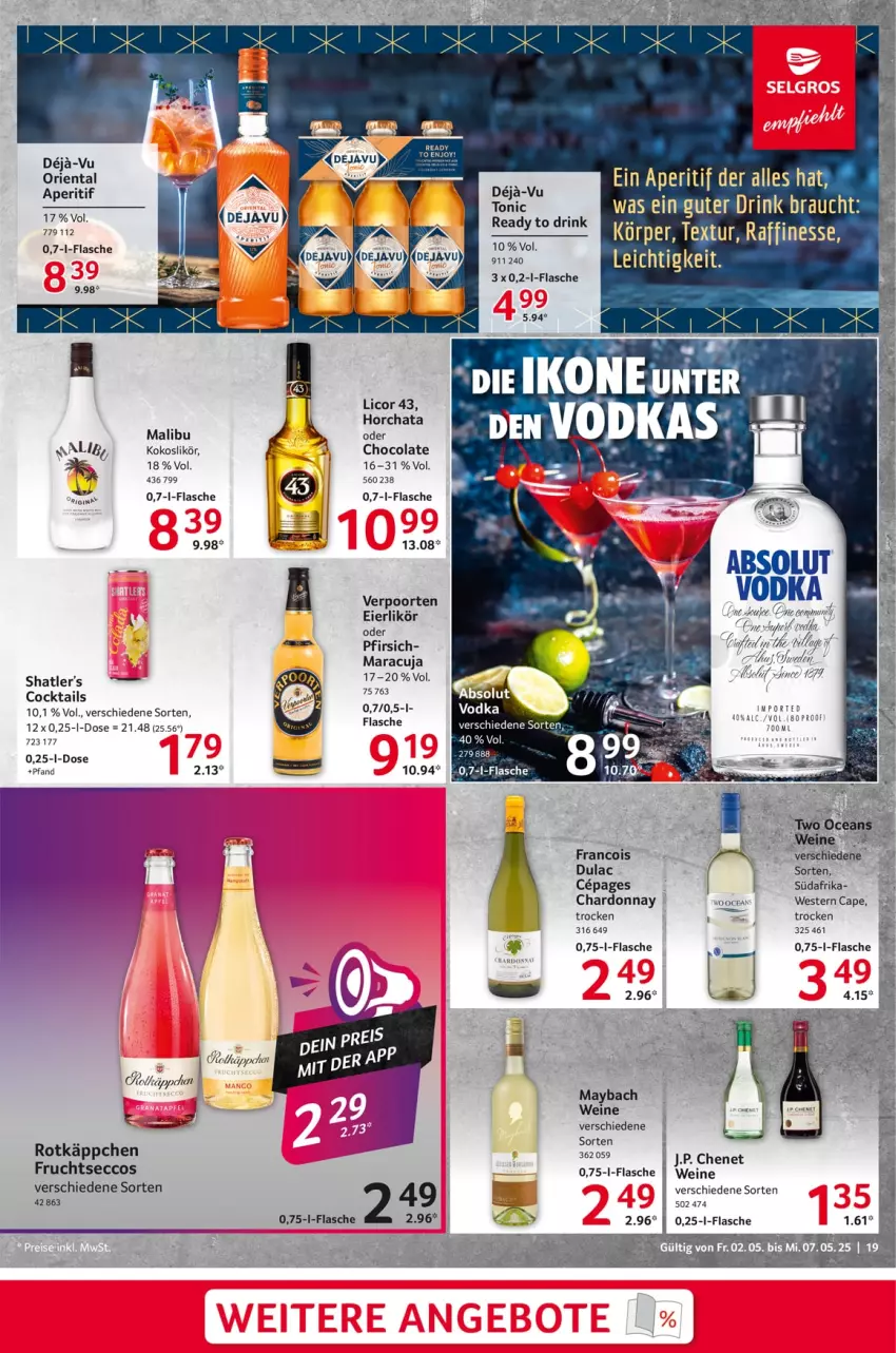 Aktueller Prospekt Selgros - Food - von 02.05 bis 07.05.2025 - strona 19 - produkty: aperitif, Cap, chardonnay, cocktail, cocktails, cola, ecco, eier, eierlikör, finesse, flasche, frucht, fruchtsecco, J.P. Chenet, kokos, licor, licor 43, likör, Malibu, maracuja, maybach, pfirsich, rotkäppchen, tee, Ti, verpoorten, vodka, wein, weine, Weste