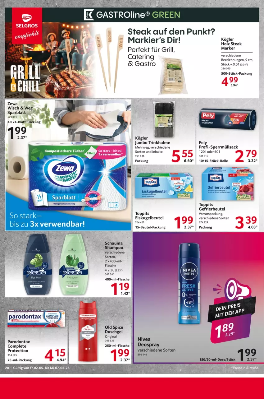 Aktueller Prospekt Selgros - Food - von 02.05 bis 07.05.2025 - strona 20 - produkty: beutel, deo, deospray, duschgel, eis, flasche, gefrierbeutel, gin, grill, Holz, jumbo, kräuter, Kugel, nivea, Old Spice, Parodontax, pely, rwe, sac, schauma, shampoo, steak, Ti, toppits, Trinkhalme