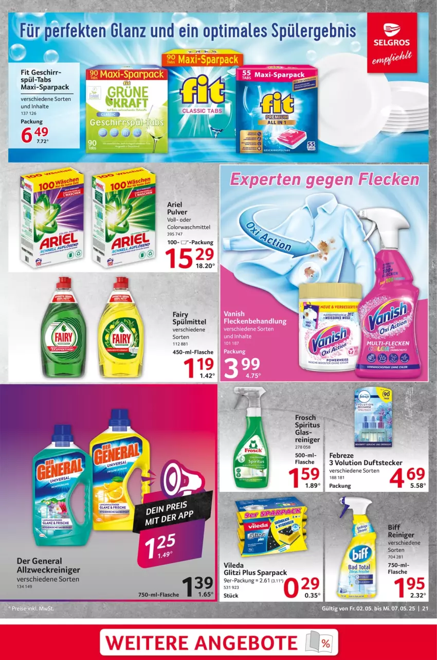 Aktueller Prospekt Selgros - Food - von 02.05 bis 07.05.2025 - strona 21 - produkty: allzweckreiniger, ariel, colorwaschmittel, febreze, flasche, Frosch, geschirr, reiniger, spiritus, spülmittel, tee, Ti, waschmittel, weck