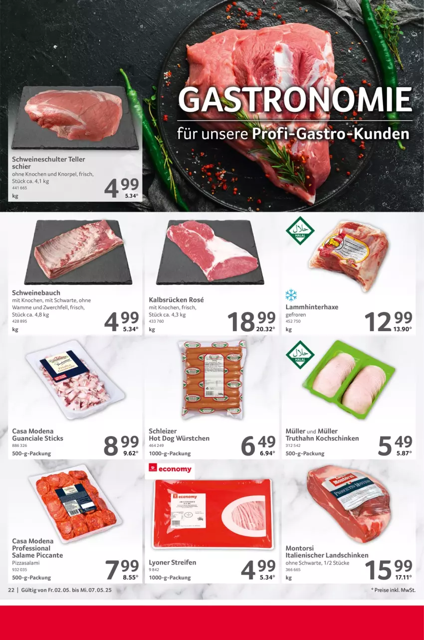 Aktueller Prospekt Selgros - Food - von 02.05 bis 07.05.2025 - strona 22 - produkty: axe, Bau, Casa Modena, eis, elle, Haxe, hot dog, kochschinken, lamm, landschinken, lyoner, Mode, montorsi, Müller, pizza, reifen, reis, rel, salami, schinken, schwein, schweine, Schweinebauch, teller, Ti, truthahn, wein, weine, würstchen, Yo