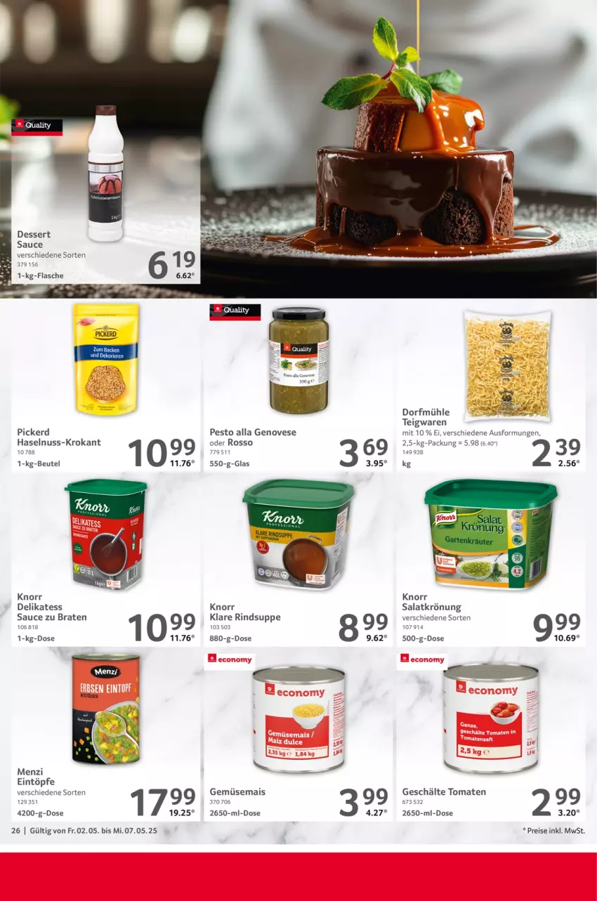 Aktueller Prospekt Selgros - Food - von 02.05 bis 07.05.2025 - strona 26 - produkty: beutel, braten, dessert, eintöpfe, eis, flasche, gemüsemais, genovese, haselnuss, knorr, mais, nuss, pesto, reis, rind, salat, salatkrönung, sauce, suppe, teigwaren, Ti, tomate, tomaten
