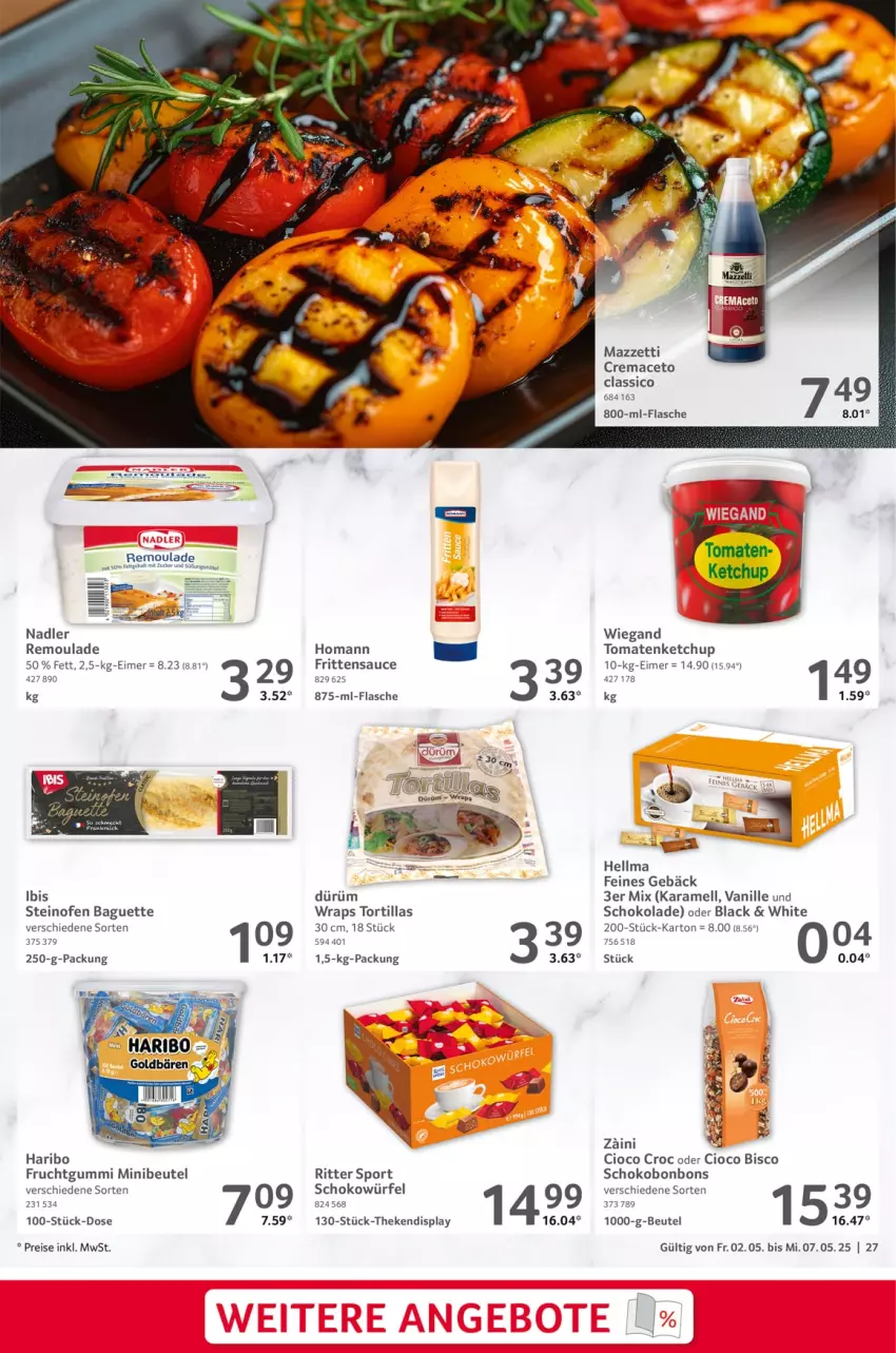 Aktueller Prospekt Selgros - Food - von 02.05 bis 07.05.2025 - strona 27 - produkty: aceto, baguette, beutel, bonbons, classico, eimer, eis, flasche, frucht, fruchtgummi, haribo, homann, karamell, ketchup, lack, mac, nadler, Ofen, reis, remoulade, ritter, ritter sport, sauce, schoko, schokolade, schokowürfel, Sport, steinofen, Ti, tomate, tomaten, tomatenketchup, tortilla, tortillas, vanille, wrap, wraps, würfel, zucker