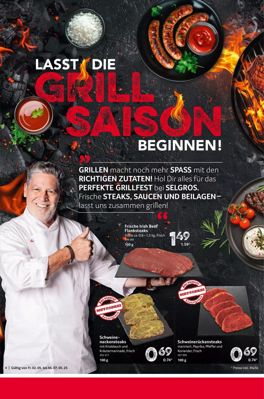 Aktueller Prospekt Selgros - Food - von 02.05 bis 07.05.2025 - strona 4 - produkty: eis, Flanksteak, gin, grill, ilag, knoblauch, Koriander, kräuter, mac, marinade, mit knoblauch, Nackensteak, nackensteaks, paprika, pfeffer, reis, Ria, Rückensteak, rückensteaks, sauce, saucen, schwein, schweine, schweinerücken, steak, steaks, Ti, wein, weine