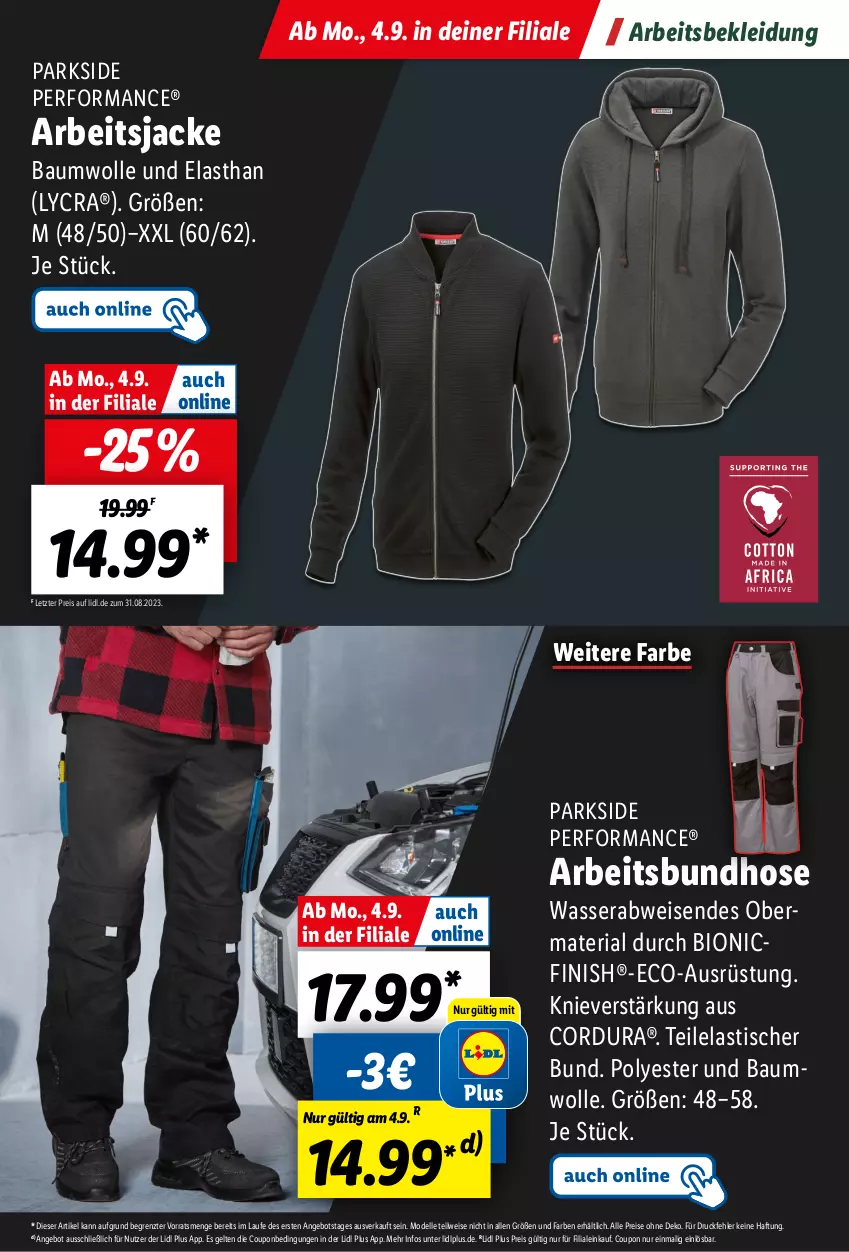 Aktueller Prospekt Lidl - Parkside Booklet 2023 - von 01.09 bis 22.10.2023 - strona 15 - produkty: angebot, asti, Bau, baumwolle, bio, coupon, dell, eis, elle, Finish, hose, Jacke, kleid, Kleidung, Mode, Parkside, reis, Ria, Ti, tisch, wasser, wolle, ZTE