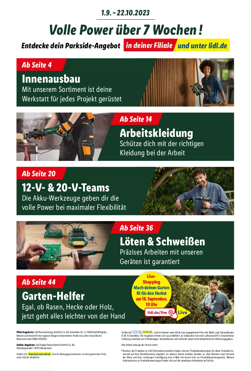 Aktueller Prospekt Lidl - Parkside Booklet 2023 - von 01.09 bis 22.10.2023 - strona 3 - produkty: akku, angebot, angebote, auer, Bad, Bau, decke, eis, Garten, Holz, kleid, Kleidung, mac, ndk, Parkside, rasen, reis, Schütze, Ti, uhr, usb, weck, werkzeug, werkzeuge