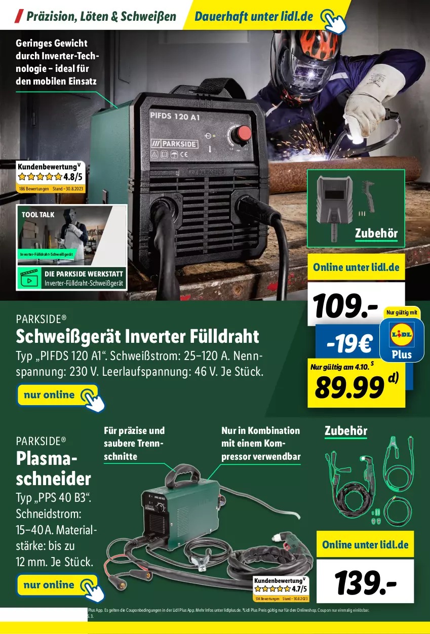 Aktueller Prospekt Lidl - Parkside Booklet 2023 - von 01.09 bis 22.10.2023 - strona 42 - produkty: angebot, auer, coupon, Draht, eis, kompressor, Parkside, Plasmaschneider, reis, Ria, ring, rwe, Ti