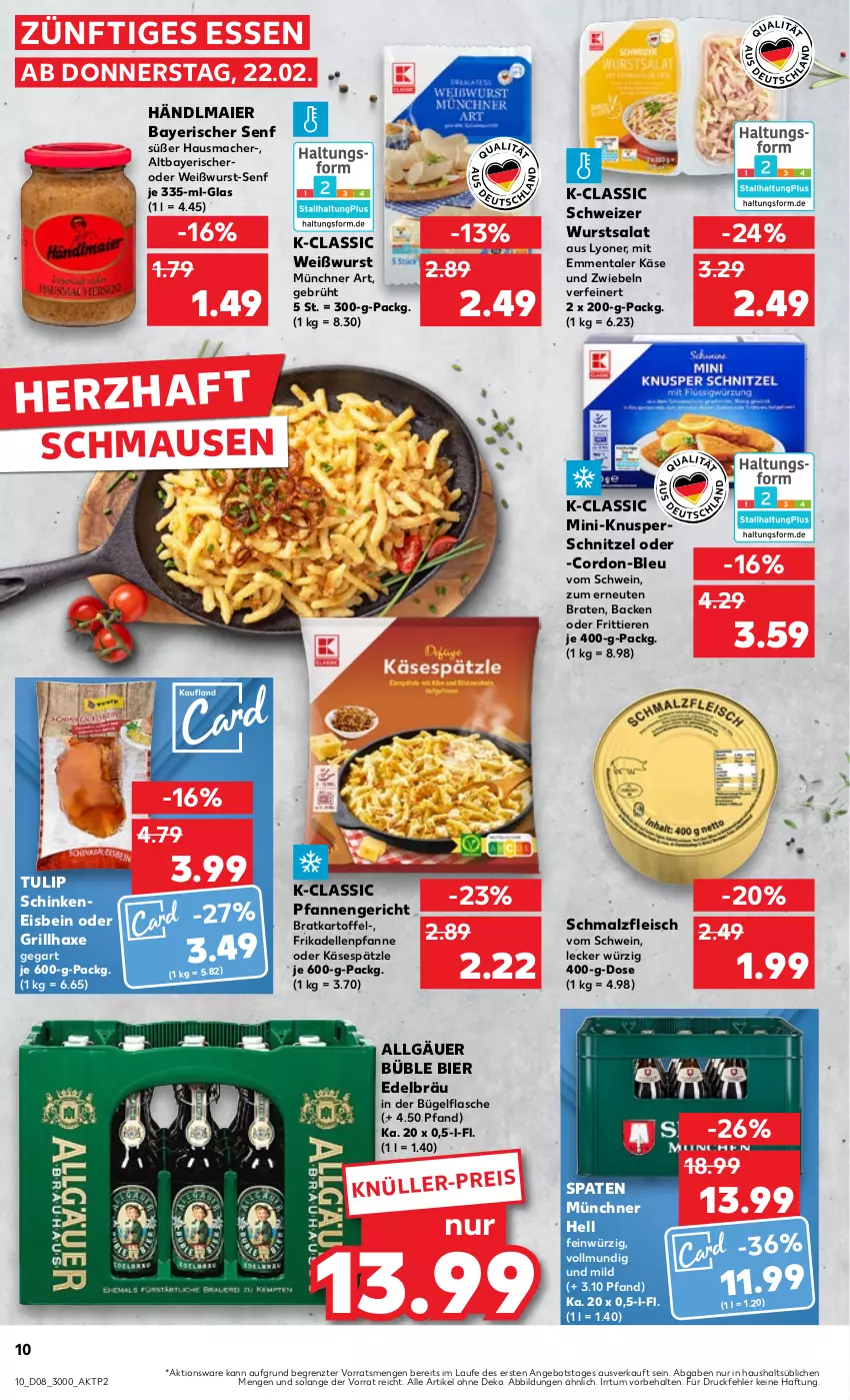 Aktueller Prospekt Kaufland - Prospekt - von 22.02 bis 28.02.2024 - strona 10 - produkty: angebot, axe, bier, braten, bügel, bügelflasche, dell, eis, elle, emmentaler, flasche, fleisch, frikadellen, grill, grillhaxe, händlmaier, Hausmacher, Haxe, hero, kartoffel, Käse, LG, lyoner, mac, malz, Maus, pfanne, pfannen, salat, schinken, Schmalz, schnitzel, schwein, senf, Spaten, Ti, Tiere, tulip, wein, Weißwurst, wurst, Yo, ZTE, zwiebel, zwiebeln