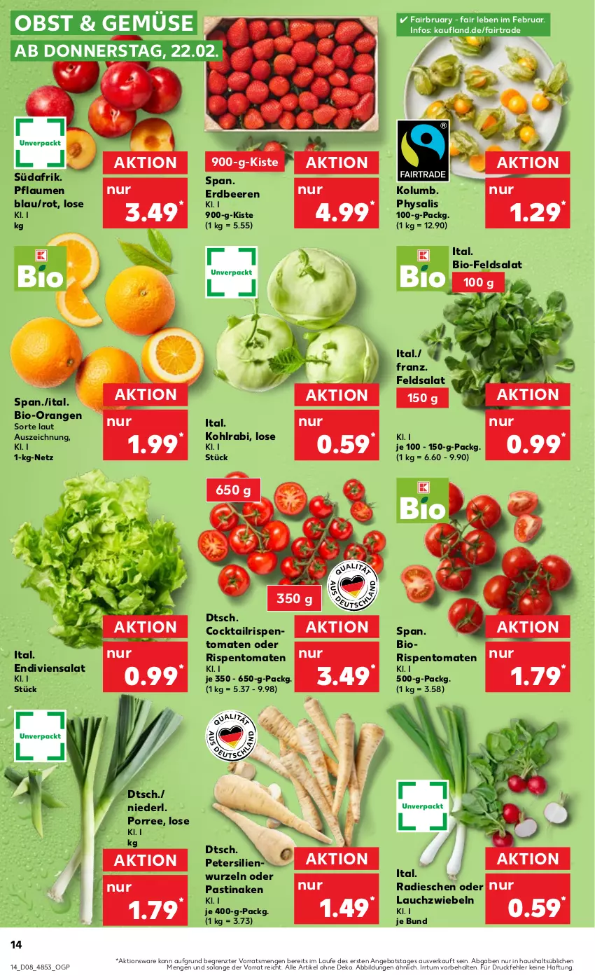 Aktueller Prospekt Kaufland - Prospekt - von 22.02 bis 28.02.2024 - strona 14 - produkty: angebot, asti, beere, beeren, bio, cocktail, erdbeere, erdbeeren, feldsalat, kohlrabi, Lauchzwiebel, lauchzwiebeln, obst, orange, orangen, petersilie, pflaume, pflaumen, Physalis, radieschen, rispentomaten, salat, Ti, tomate, tomaten, ZTE, zwiebel, zwiebeln