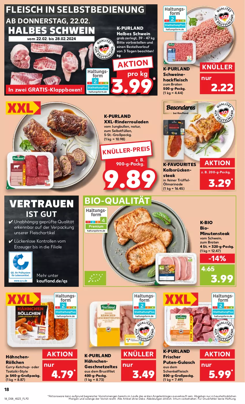 Aktueller Prospekt Kaufland - Prospekt - von 22.02 bis 28.02.2024 - strona 18 - produkty: angebot, bio, braten, brustfilet, curry, eis, elle, filet, fleisch, fleisch in selbstbedienung, geschnetzeltes, gulasch, hackfleisch, Hähnchengeschnetzeltes, henkel, jungbullen, ketchup, Klappbox, marinade, natur, purland, pute, rind, rinder, Rinderroulade, rinderrouladen, rouladen, Rückensteak, schenkel, schwein, schweine, Schweinehackfleisch, steak, Ti, Trüffel, tzatziki, wein, weine, Zelt, ZTE