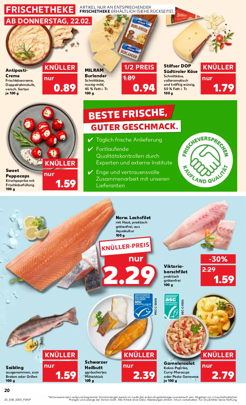 Aktueller Prospekt Kaufland - Prospekt - von 22.02 bis 28.02.2024 - strona 20 - produkty: angebot, antipasti, aqua, asti, braten, burlander, Cap, creme, curry, doppelrahmstufe, eis, filet, frischkäse, garnelen, genovese, grill, HP, Käse, kirsch, kokos, lachs, lachsfilet, Laufen, mac, maracuja, milram, nuss, paprika, pesto, reis, Ria, Saibling, salat, schnittkäse, südtiroler, Ti, tisch, ZTE