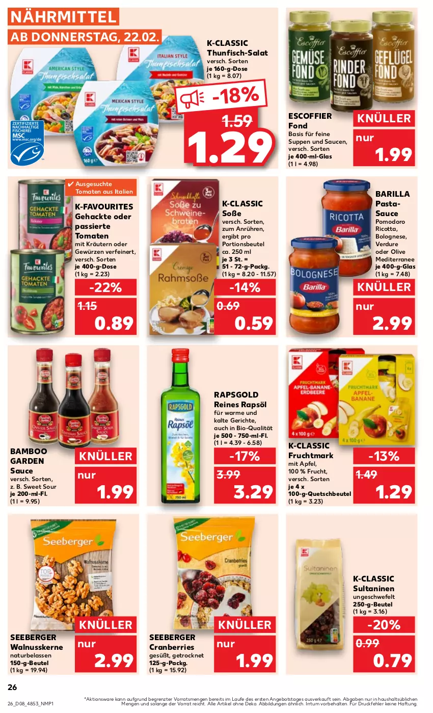 Aktueller Prospekt Kaufland - Prospekt - von 22.02 bis 28.02.2024 - strona 26 - produkty: angebot, apfel, bamboo, barilla, Berger, beutel, bio, bolognese, cranberries, fisch, frucht, Fruchtmark, gewürz, kräuter, kräutern, natur, nuss, olive, pasta, portionsbeutel, quetschbeutel, rapsöl, reines rapsöl, ricotta, salat, sauce, saucen, seeberger, Soße, suppe, suppen, thunfisch, Ti, tomate, tomaten, walnuss, walnusskerne, ZTE