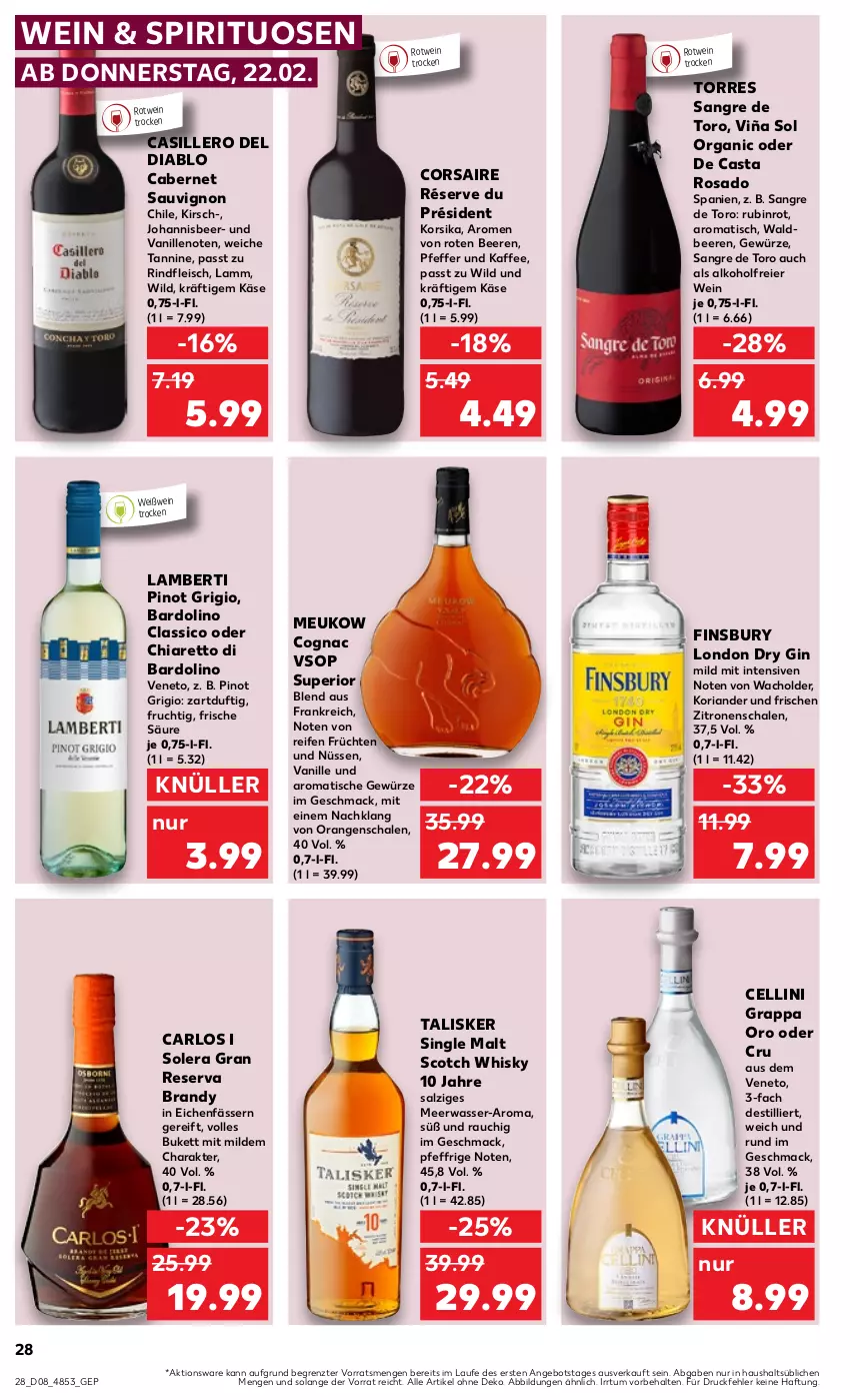 Aktueller Prospekt Kaufland - Prospekt - von 22.02 bis 28.02.2024 - strona 28 - produkty: alkohol, Amber, angebot, arlo, beere, beeren, cabernet, cabernet sauvignon, chia, classico, Cognac, Corsaire, dry gin, eier, eis, finsbury, fleisch, frucht, früchte, früchten, gewürz, gin, grappa, kaffee, Käse, kirsch, Koriander, lamm, london dry, london dry gin, mac, Meerwasser, orange, orangen, pfeffer, Pinot, pinot grigio, Rauch, reifen, Ria, rind, rindfleisch, rotwein, Rubin, salz, sauvignon, Schal, Schale, scotch, scotch whisky, single malt, spirituosen, Ti, tisch, vanille, wasser, wein, Weißwein, whisky, Wild, zitrone, zitronen, ZTE