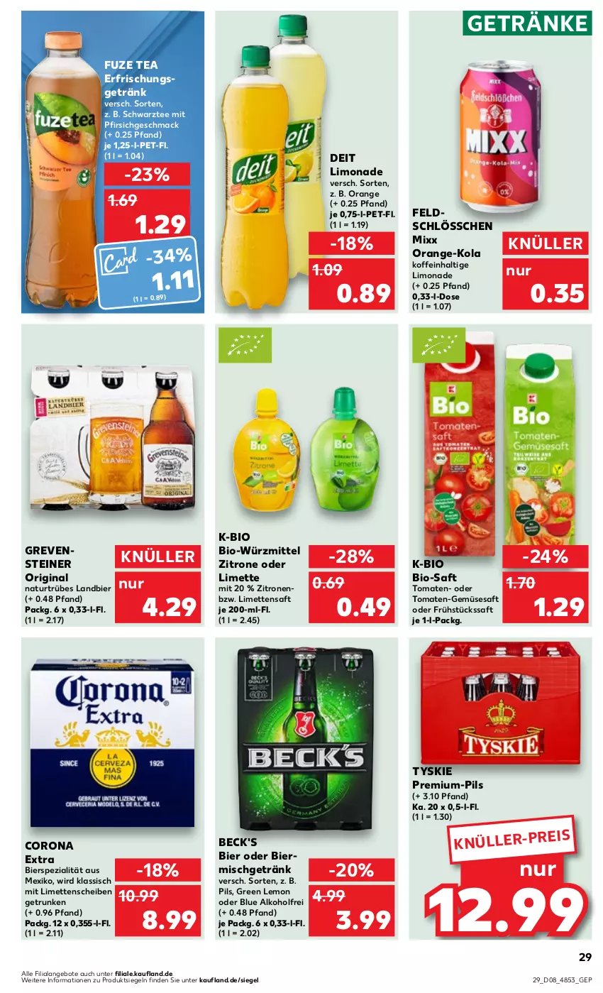 Aktueller Prospekt Kaufland - Prospekt - von 22.02 bis 28.02.2024 - strona 29 - produkty: alkohol, angebot, angebote, beck's, bier, bio, corona, corona extra, deit, eis, erfrischungsgetränk, fuze tea, getränk, getränke, gin, grevensteiner, limette, limetten, limo, limonade, mac, Mett, metten, natur, orange, pfirsich, pils, saft, Spezi, steiner, tee, Ti, tomate, tomaten, tyskie, zitrone, zitronen, ZTE