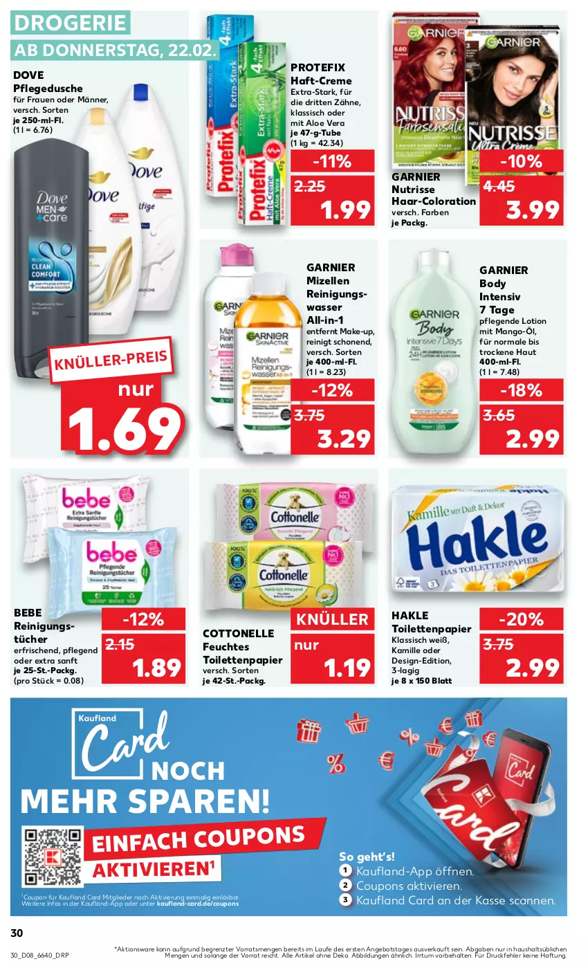 Aktueller Prospekt Kaufland - Prospekt - von 22.02 bis 28.02.2024 - strona 30 - produkty: aloe vera, angebot, Bebe, body, cottonelle, coupon, coupons, creme, dove, dusche, eis, elle, feuchtes toilettenpapier, garnier, gsw, hakle, hakle toilettenpapier, Kamill, kamille, Lotion, Make-up, mango, mizellen, Mizellen Reinigungswasser, Nutrisse, papier, pflegedusche, Reinigung, reinigungstücher, Ti, toilettenpapier, tücher, wasser, ZTE