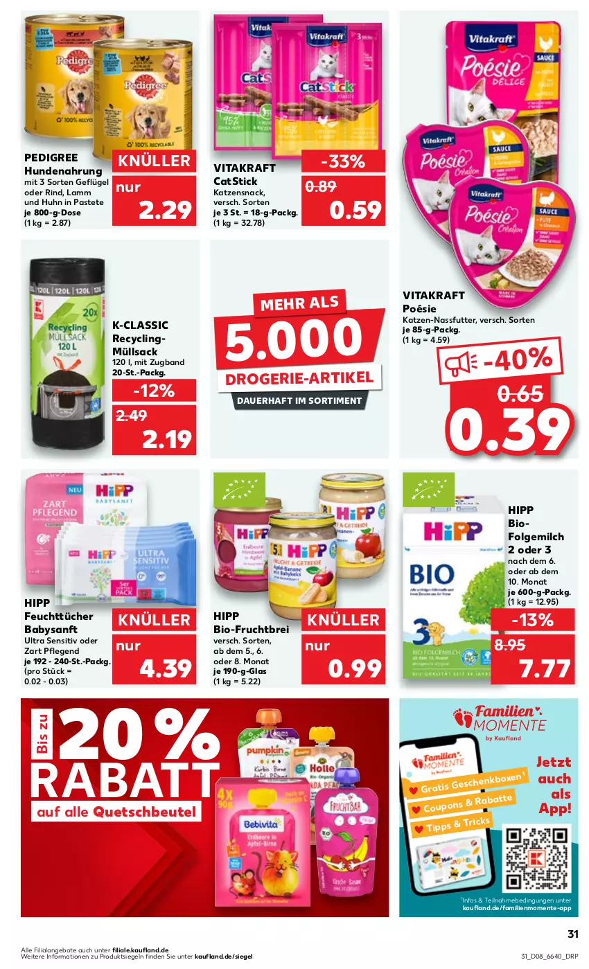 Aktueller Prospekt Kaufland - Prospekt - von 22.02 bis 28.02.2024 - strona 31 - produkty: angebot, angebote, auer, beutel, bio, Brei, Clin, coupon, coupons, drogerie-artikel, ente, feuchttücher, folgemilch, frucht, Geflügel, hipp, hundenahrung, katzensnack, kraft, lamm, LG, milch, nassfutter, pastete, pedigree, quetschbeutel, rind, sac, snack, Ti, tücher, vita, vitakraft