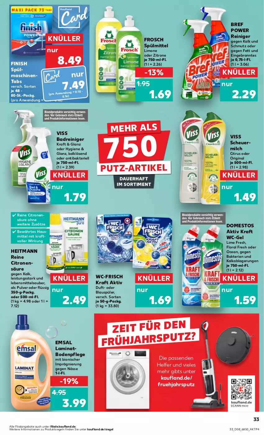 Aktueller Prospekt Kaufland - Prospekt - von 22.02 bis 28.02.2024 - strona 33 - produkty: angebot, angebote, auer, Bad, bio, Bref, bref power, citrus, domestos, eis, emsa, Finish, Frosch, gin, heitmann, Heu, kraft, laminat, laminatboden, lebensmittel, limo, milch, reiniger, scheuermilch, spülmaschinen, spülmaschinentabs, spülmittel, Ti, wc-gel, zitrone