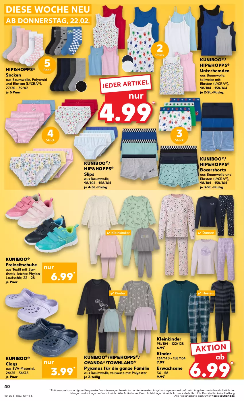 Aktueller Prospekt Kaufland - Prospekt - von 22.02 bis 28.02.2024 - strona 40 - produkty: angebot, angebote, Bau, baumwolle, Clogs, eis, Freizeitschuhe, hemd, hemden, Hylo, Kinder, Pyjama, Ria, schuhe, shorts, slip, slips, socken, Ti, Unterhemd, unterhemden, wolle, ZTE