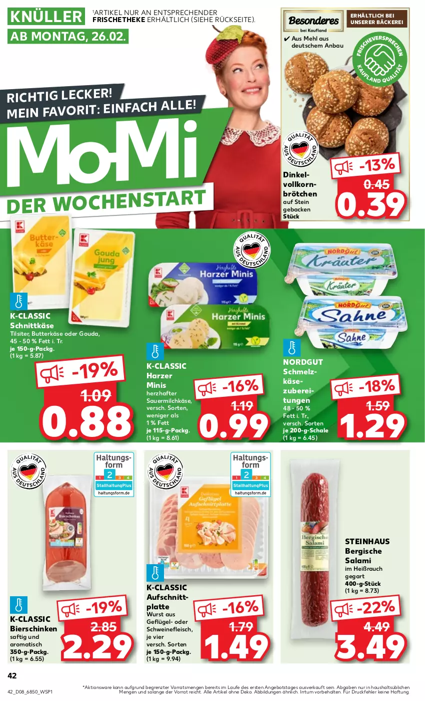 Aktueller Prospekt Kaufland - Prospekt - von 22.02 bis 28.02.2024 - strona 42 - produkty: angebot, auer, aufschnitt, Bau, bier, bierschinken, brötchen, butter, butterkäse, eis, fleisch, geback, Geflügel, gouda, Käse, korn, latte, mehl, milch, Rauch, saft, salami, Sauermilchkäse, Schal, Schale, schinken, Schmelzkäse, schmelzkäsezubereitung, schnittkäse, schwein, schweine, schweinefleisch, steinhaus, Ti, Tilsiter, tisch, wein, weine, wurst, ZTE