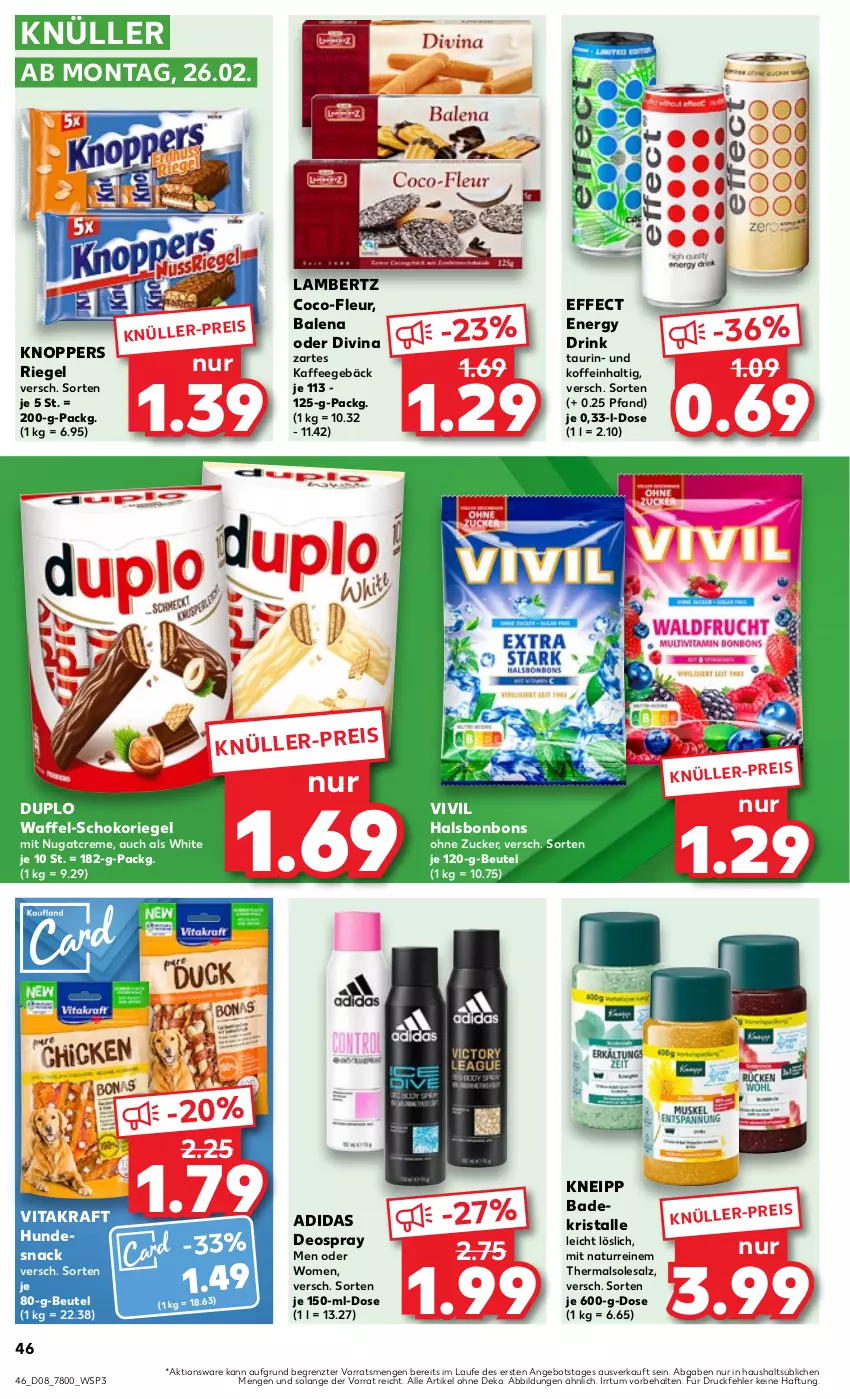 Aktueller Prospekt Kaufland - Prospekt - von 22.02 bis 28.02.2024 - strona 46 - produkty: Adidas, Amber, angebot, Bad, Badekristalle, beutel, bonbons, creme, deo, deospray, drink, duplo, Effect, eis, energy drink, hundesnack, kaffee, kneipp, knoppers, kraft, lambertz, natur, riegel, salz, schoko, schokoriegel, snack, Ti, vita, vitakraft, ZTE, zucker