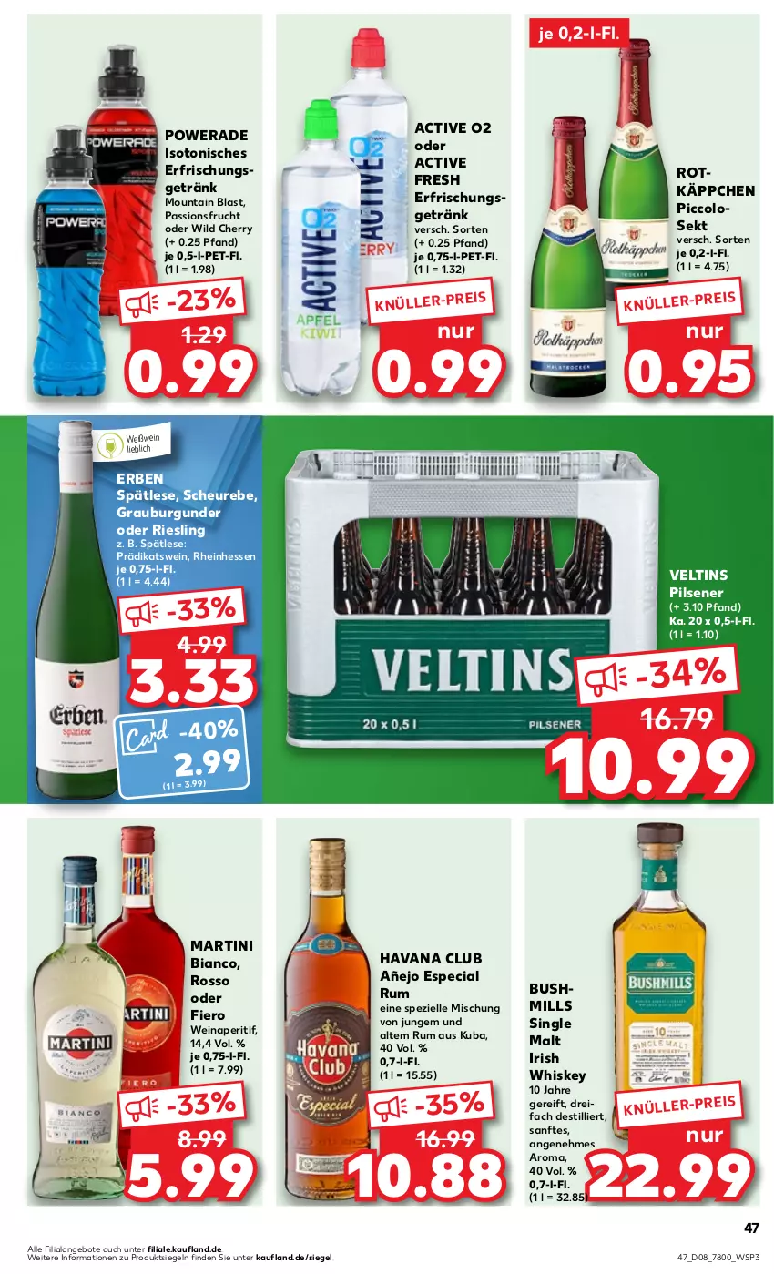 Aktueller Prospekt Kaufland - Prospekt - von 22.02 bis 28.02.2024 - strona 47 - produkty: angebot, angebote, aperitif, burgunder, eis, elle, erfrischungsgetränk, frucht, getränk, grauburgunder, Havana Club, Heu, irish whiskey, martini, passionsfrucht, pils, pilsener, riesling, rotkäppchen, rum, sekt, single malt, Spezi, Ti, veltins, veltins pilsener, wein, Weißwein, whiskey, Wild